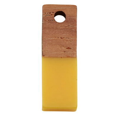 Hanger van hout en hars, vierkant, 17,0 x 5,5 x 3,5 mm, oogje 1,5 mm, geel 