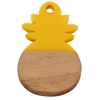 Wood and resin pendant, pineapple, 28.0 x 17.5 x 3.0 mm, eyelet 1.8 mm, yellow 