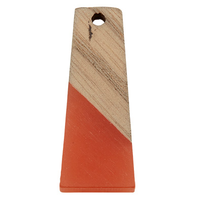 Wood and resin pendant, trapezoid, 30.0 x 12.0 x 3.0 mm, eyelet 2.0 mm, coral 