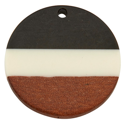 Wood and resin pendant, round disc, 28.0 x 3.5 mm, eyelet 2.0 mm, tricolour 