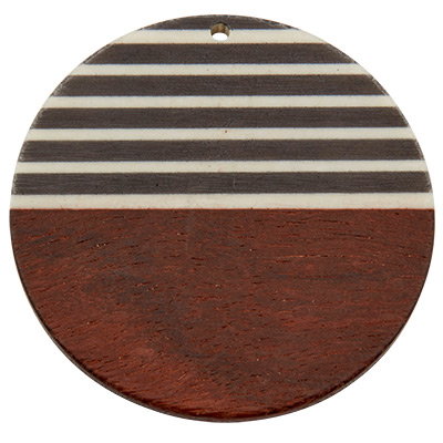 Wood and resin pendant, round disc, 49.0 x 3.5 mm, eyelet 2.0 mm, striped 