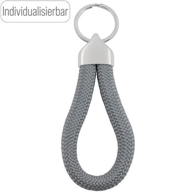 Individualisierbarer Segeltau Schlüsselanhänger, Endkappe gravierbar, Seilfarbe: Grau 