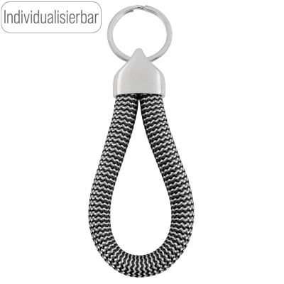 Individualisierbarer Segeltau Schlüsselanhänger, Endkappe gravierbar, Seilfarbe: Schwarz-Weiß gestreift 