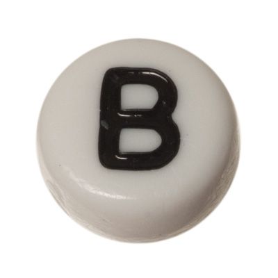 Plastic bead letter B, round disc, 7 x 3.7 mm, white with black writing 