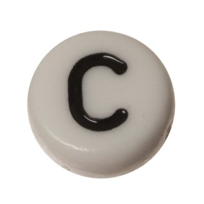Plastic bead letter C, round disc, 7 x 3.7 mm, white with black writing 