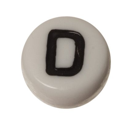 Kunststof kraal letter D, ronde schijf, 7 x 3,7 mm, wit met zwart opschrift 