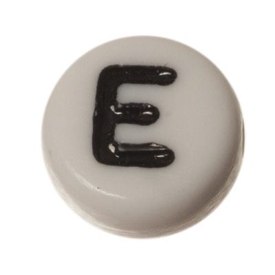 Plastic bead letter E, round disc, 7 x 3.7 mm, white with black writing 