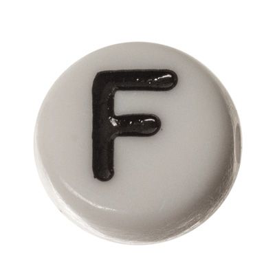 Plastic bead letter F, round disc, 7 x 3.7 mm, white with black writing 