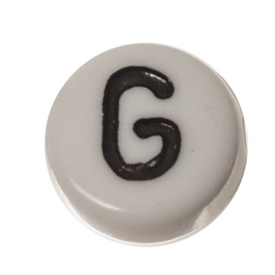 Plastic bead letter G, round disc, 7 x 3.7 mm, white with black writing 