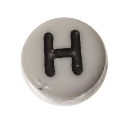 Kunststof kraal letter H, ronde schijf, 7 x 3,7 mm, wit met zwart opschrift 