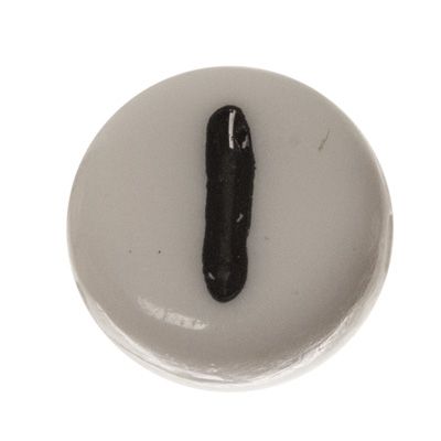 Kunststoffperle Buchstabe I, runde Scheibe, 7 x 3,7 mm, weiß mit schwarzer Schrift 