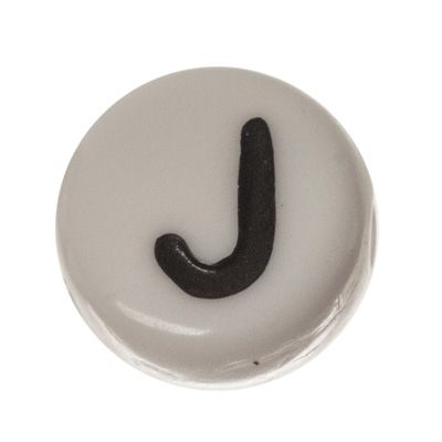Plastic bead letter J, round disc, 7 x 3.7 mm, white with black writing 