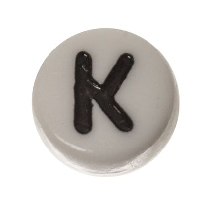 Plastic bead letter K, round disc, 7 x 3.7 mm, white with black writing 