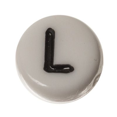 Plastic bead letter L, round disc, 7 x 3.7 mm, white with black writing 