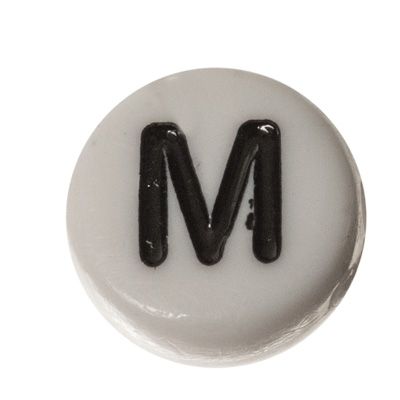 Plastic bead letter M, round disc, 7 x 3.7 mm, white with black writing 