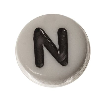 Plastic bead letter N, round disc, 7 x 3.7 mm, white with black writing 