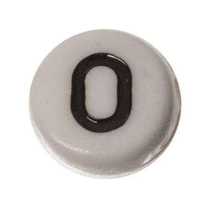 Plastic bead letter O, round disc, 7 x 3.7 mm, white with black writing 