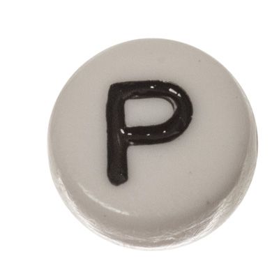 Plastic bead letter P, round disc, 7 x 3.7 mm, white with black writing 