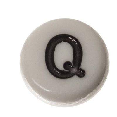 Plastic bead letter Q, round disc, 7 x 3.7 mm, white with black writing 