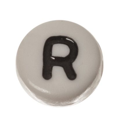 Plastic bead letter R, round disc, 7 x 3.7 mm, white with black writing 