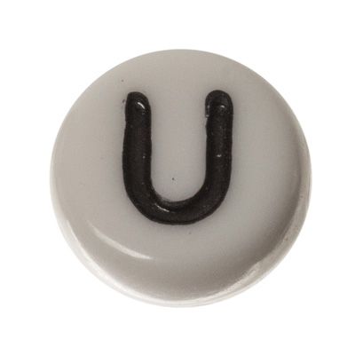 Kunststoffperle Buchstabe U, runde Scheibe, 7 x 3,7 mm, weiß mit schwarzer Schrift 
