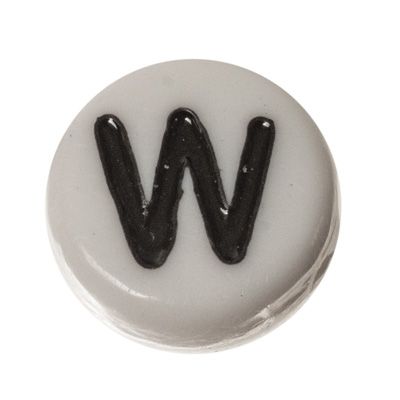 Plastic bead letter W, round disc, 7 x 3.7 mm, white with black writing 