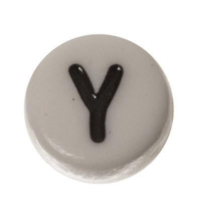 Plastic bead letter Y, round disc, 7 x 3.7 mm, white with black writing 