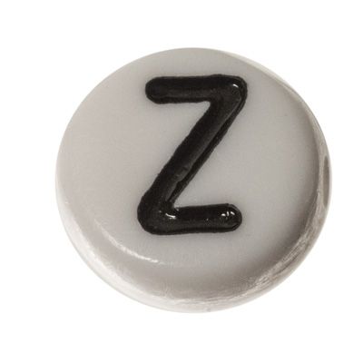 Plastic bead letter Z, round disc, 7 x 3.7 mm, white with black writing 