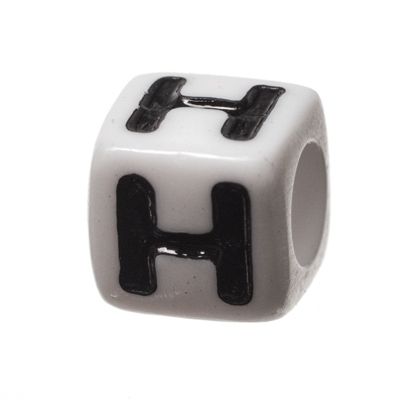 Perle plastique lettre H, cube, 7 x 7 mm, blanc avec écriture noire 