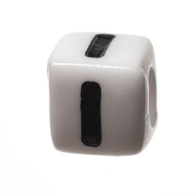 Plastic bead letter I, cube, 7 x 7 mm, white with black writing 