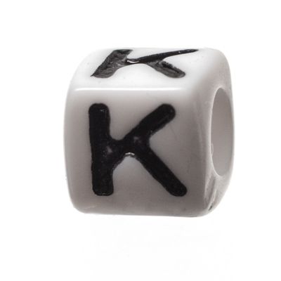 Plastic bead letter K, cube, 7 x 7 mm, white with black writing 