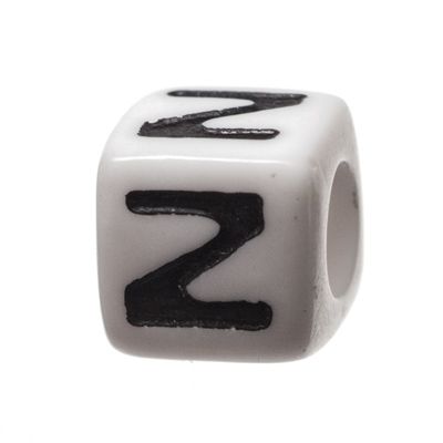 Plastic bead letter Z, cube, 7 x 7 mm, white with black writing 