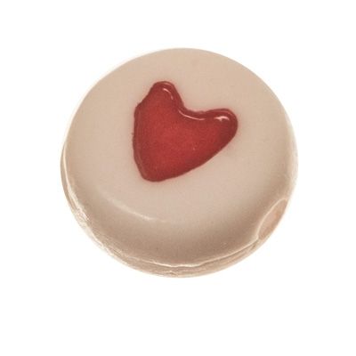 Plastic bead, round disc, 7 x 3.7 mm, white with red heart 