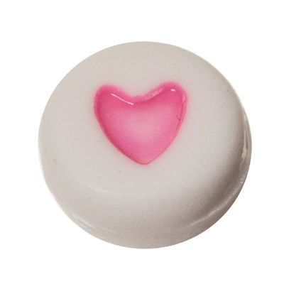 Plastic bead, round disc, 7 x 3.7 mm, white with pink heart 