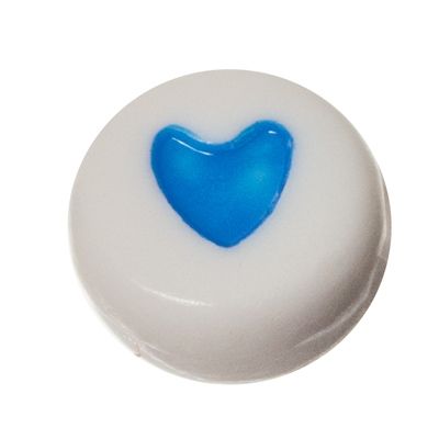Plastic bead, round disc, 7 x 3.7 mm, white with blue heart 