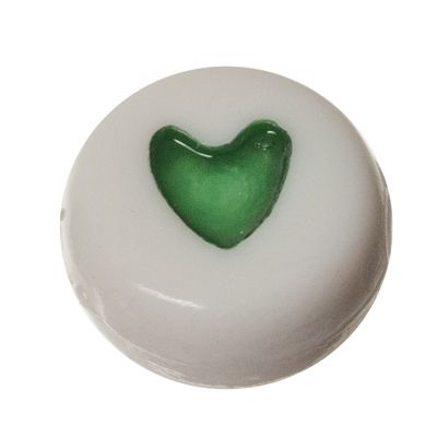 Plastic bead, round disc, 7 x 3.7 mm, white with green heart 