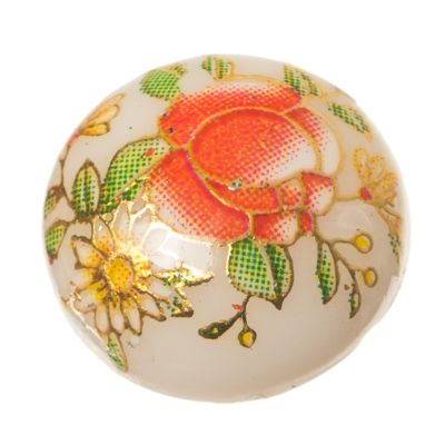 Cabochon printed, flower pattern, round, diameter 12 mm, white 