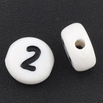 Plastic bead number 2, round disc, 7 x 3.7 mm, white with black writing 