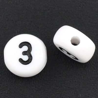 Plastic bead number 3, round disc, 7 x 3.7 mm, white with black writing 