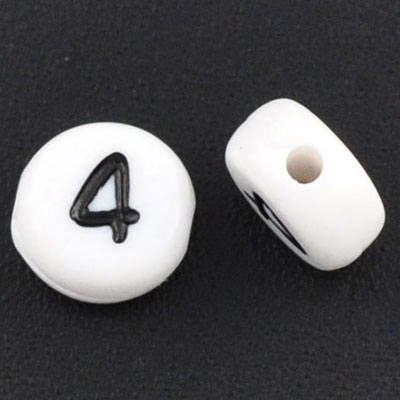 Plastic bead number 4, round disc, 7 x 3.7 mm, white with black writing 