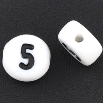 Plastic bead number 5, round disc, 7 x 3.7 mm, white with black writing 