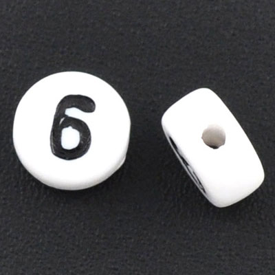 Plastic bead number 6 and 9, round disc, 7 x 3.7 mm, white with black writing 