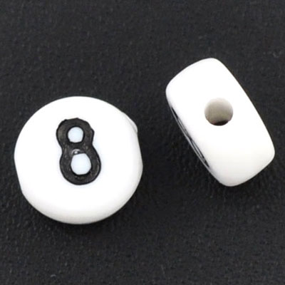Plastic bead number 8, round disc, 7 x 3.7 mm, white with black writing 