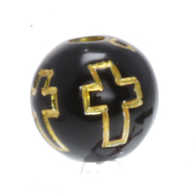Plastikperle, Kugel schwarz mit goldfarbenem Kreuz, Durchmesser 8 mm 