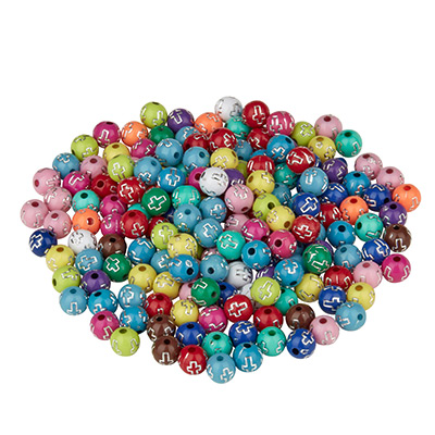 Plastic bead, ball with cross, diameter 10 mm, mixed colours, 100 grams (approx. 175 beads) 
