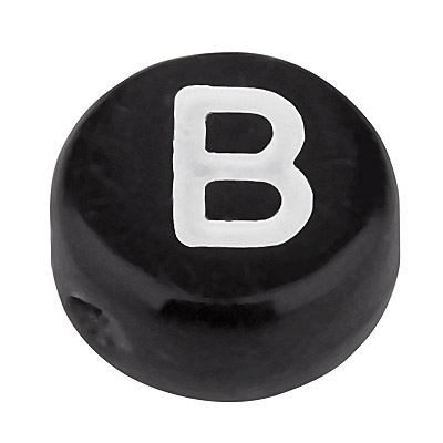 Plastic bead letter B, round disc, 7 x 3.7 mm, black with white writing 