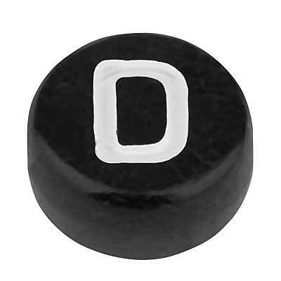 Kunststof kraal letter D, rond schijfje, 7 x 3,7 mm, zwart met wit opschrift 