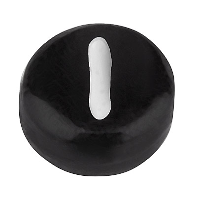 Plastic bead letter I, round disc, 7 x 3.7 mm, black with white writing 