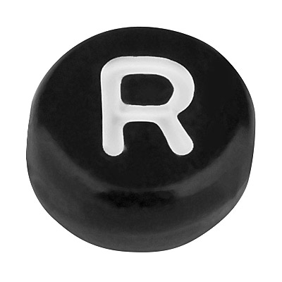 Plastic bead letter R, round disc, 7 x 3.7 mm, black with white writing 