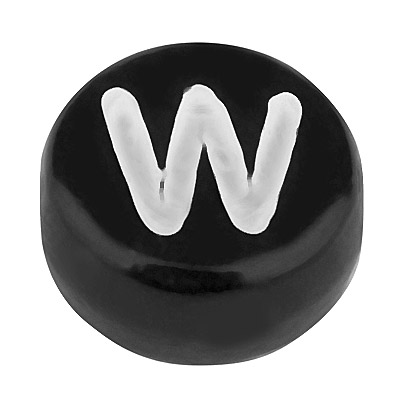 Kunststof kraal letter W, rond schijfje, 7 x 3,7 mm, zwart met wit opschrift 